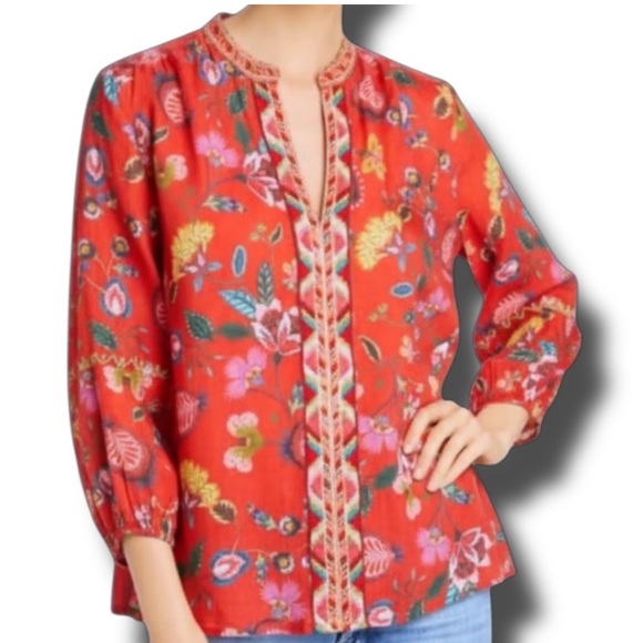 Johnny Was Coral Workshop Unlined Ramie Embroidered Tunic Long Sleeve Blouse